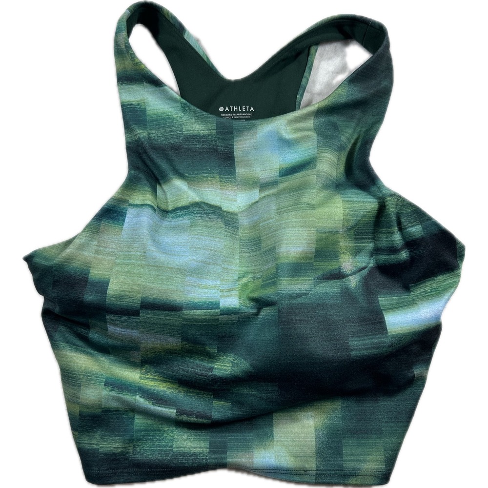 Athleta Conscious Crop High Neck Sports Bra Tank Green Blue Abstract Print Med